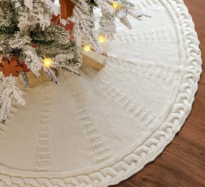 Limbridge Knitted Christmas Tree Skirt (48 Inches, Cream White)